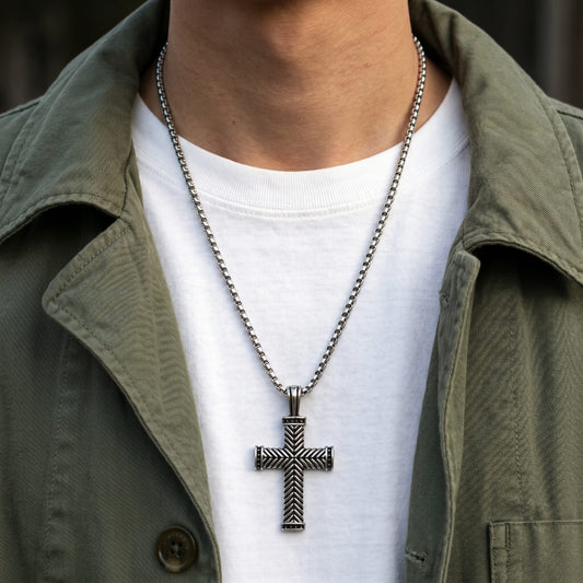 THE MEN THING SS Pendant/ Necklace CHEVRON CROSS - Titanium Steel Pendant with 24inch Round Box Chain for Men & Boys