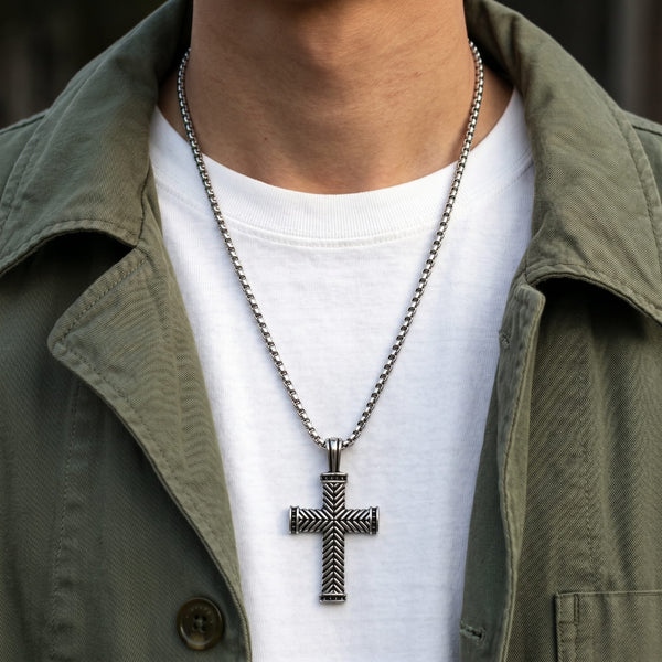 CHEVRON CROSS - Titanium Steel Pendant with 24inch Round Box Chain for Men & Boys