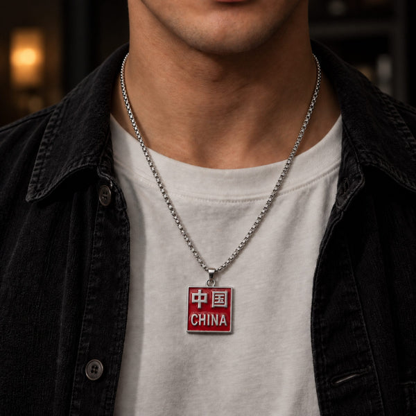 CHINA HERITAGE TAG - 31mm Pure Titanium Steel Pendant with 27inch Round Box 4mm Chain for Men & Boys