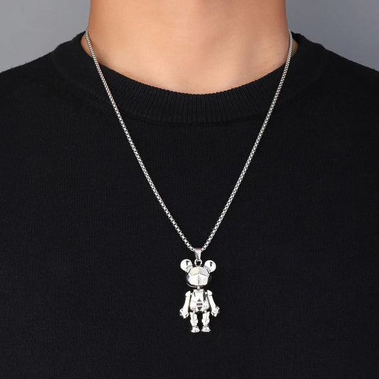 THE MEN THING SS Pendant/ Necklace CHROME ROBO BEAR - 22mm Pure Titanium Steel Pendant with 27inch Round Box 4mm Chain for Men & Boys