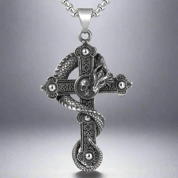 COBRA-CROSS - Alloy  Snake Pendant with Pure Stainless Steel 24inch Round Box Chain, European trending Style for Men & Boy