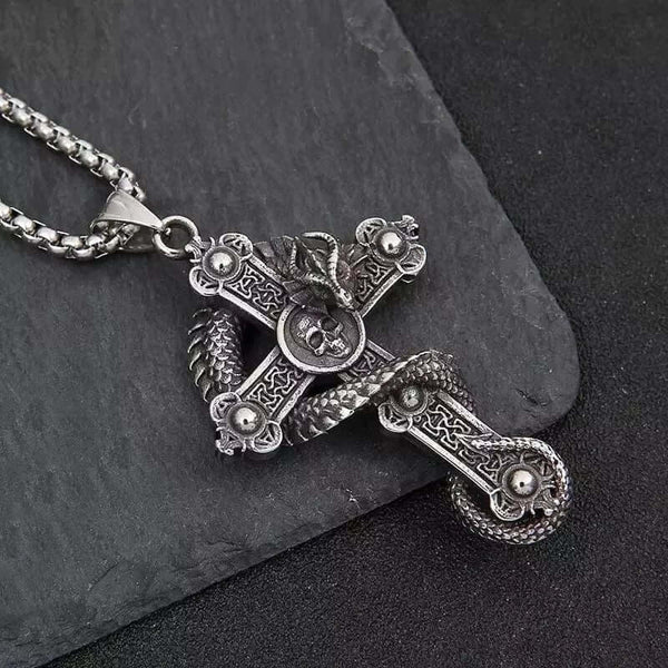COBRA-CROSS - Alloy  Snake Pendant with Pure Stainless Steel 24inch Round Box Chain, European trending Style for Men & Boy