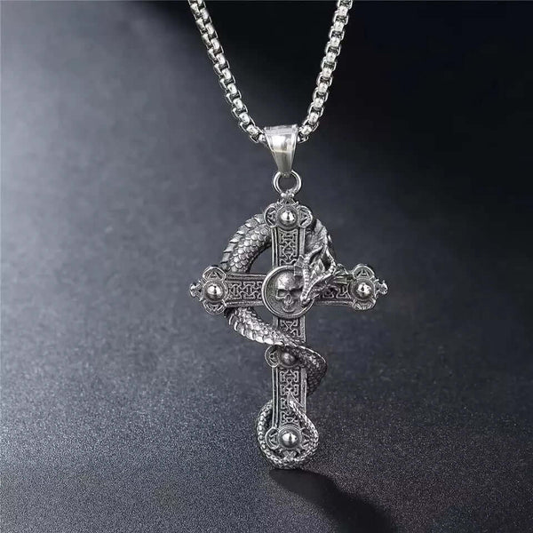 COBRA-CROSS - Alloy  Snake Pendant with Pure Stainless Steel 24inch Round Box Chain, European trending Style for Men & Boy