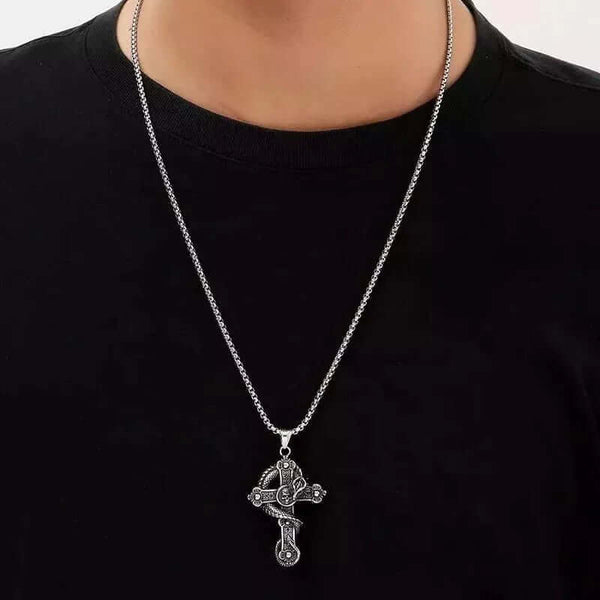 COBRA-CROSS - Alloy  Snake Pendant with Pure Stainless Steel 24inch Round Box Chain, European trending Style for Men & Boy