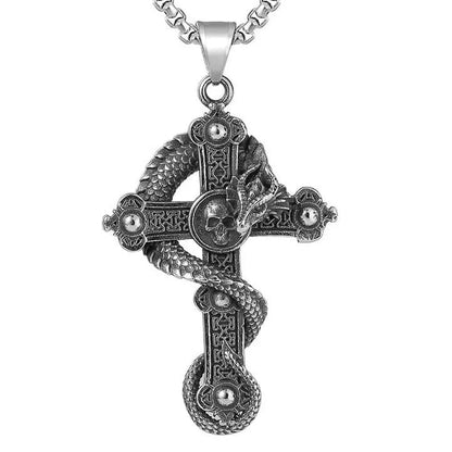 THE MEN THING SS Pendant/ Necklace COBRA-CROSS - Alloy  Snake Pendant with Pure Stainless Steel 24inch Round Box Chain, European trending Style for Men & Boy