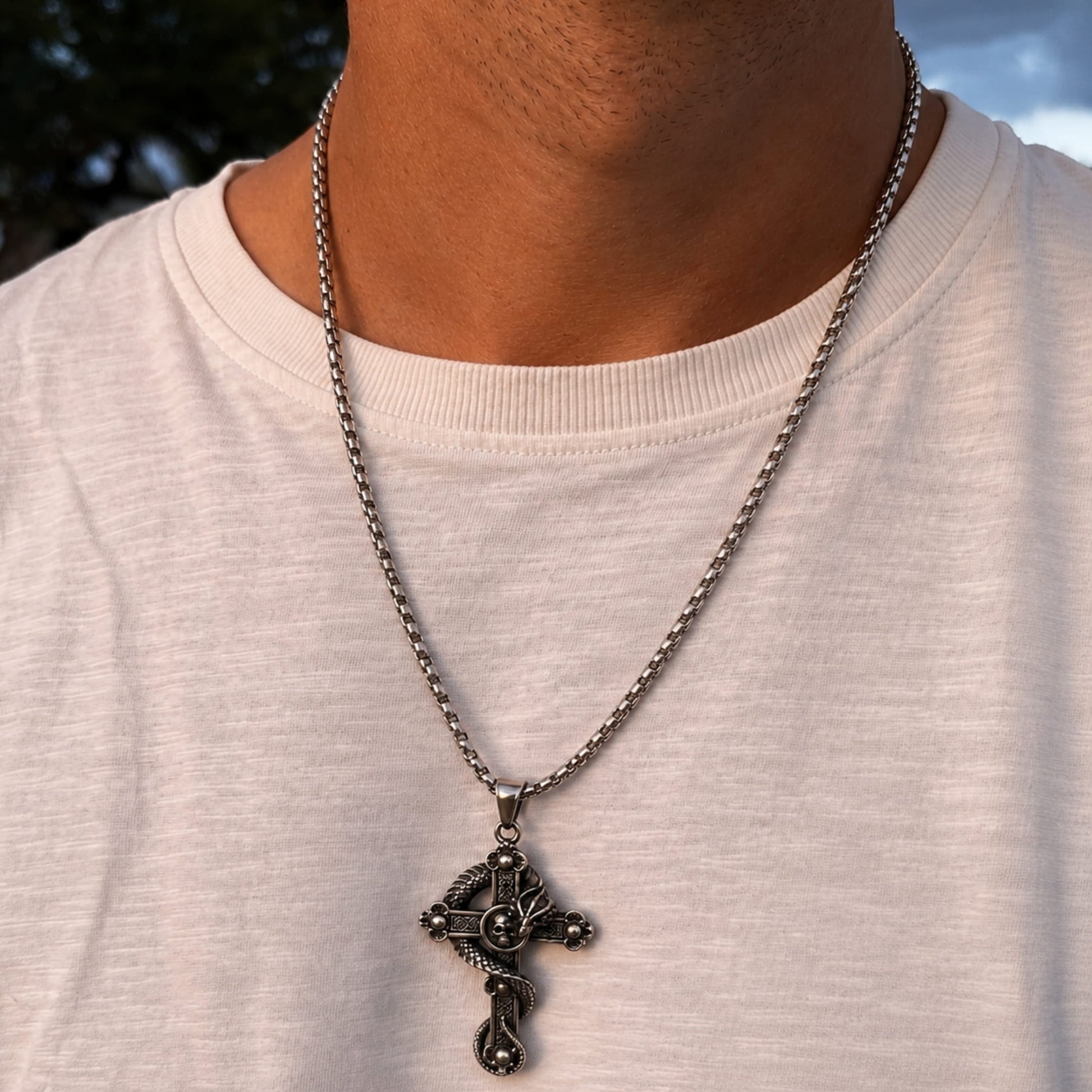 THE MEN THING SS Pendant/ Necklace COBRA CROSS (T) - Pure Titanium Steel Pendant with Stainless Steel 24inch Round Box Chain, European trending Style for Men & Boy