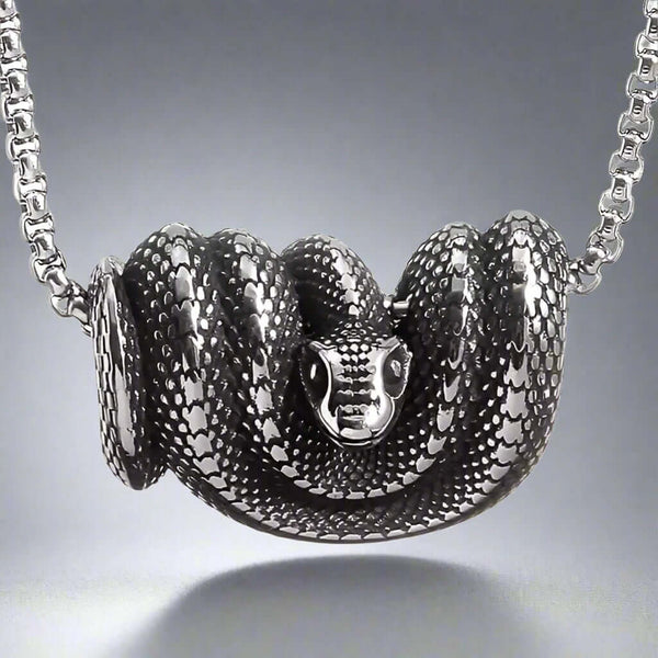 कुंडलित सर्प - शुद्ध स्टेनलेस स्टील 24 इंच गोल बॉक्स चेन के साथ मिश्र धातु साँप पेंडेंट, पुरुषों और लड़कों के लिए यूरोपीय ट्रेंडिंग स्टाइल