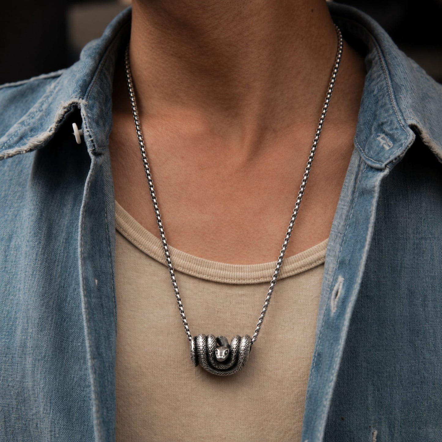 THE MEN THING SS Pendant/ Necklace COILED SERPENT- Alloy Snake Pendant with Pure Stainless Steel  24inch Round Box Chain, European trending Style for Men & Boy