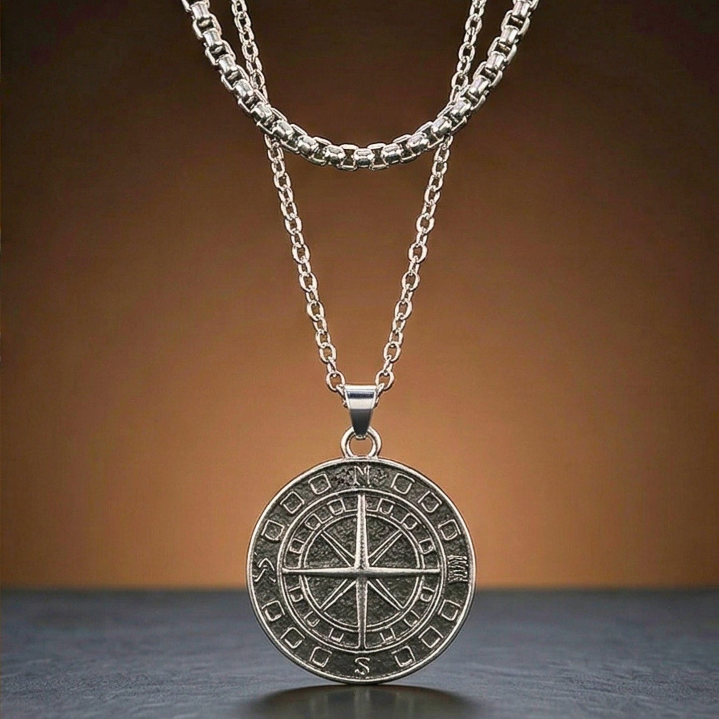 THE MEN THING SS Pendant/ Necklace COIN COMPASS - 25mm Titanium Steel Pendant with 20 to 22inch Adjustable 4mm Chain for Men & Boys