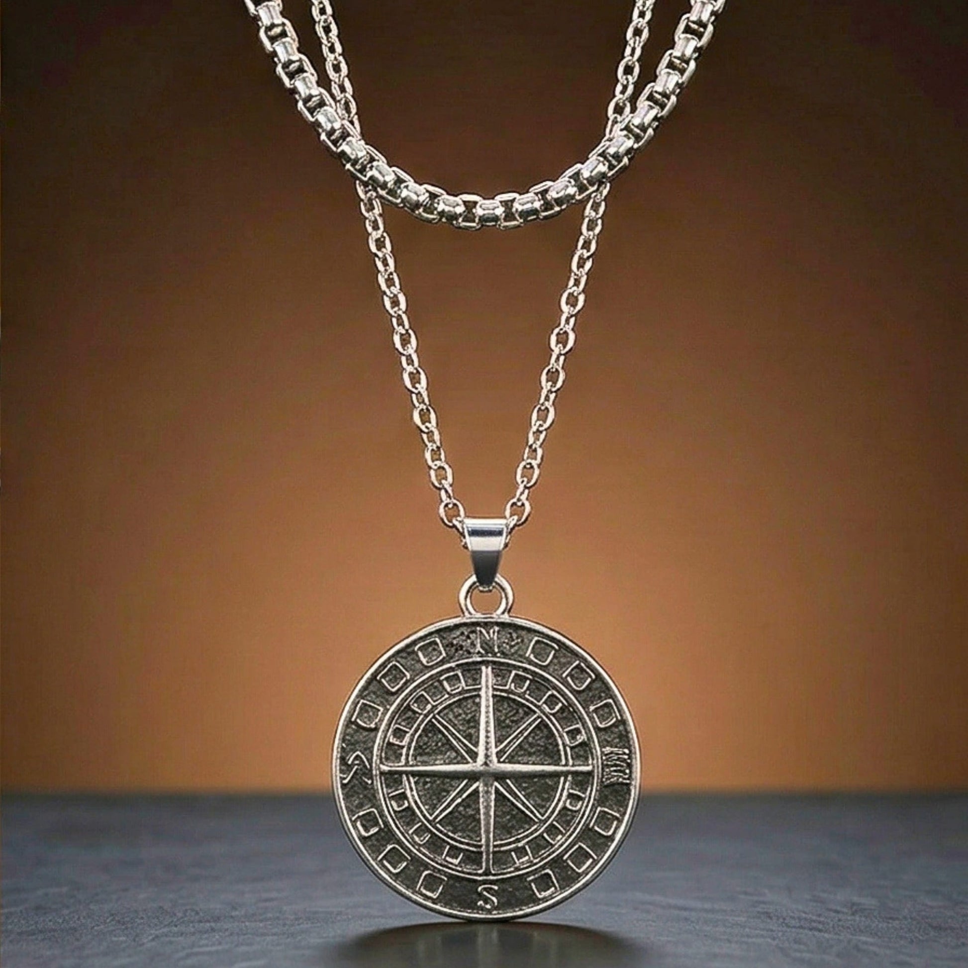 THE MEN THING SS Pendant/ Necklace COIN COMPASS - 25mm Titanium Steel Pendant with 20 to 22inch Adjustable 4mm Chain for Men & Boys