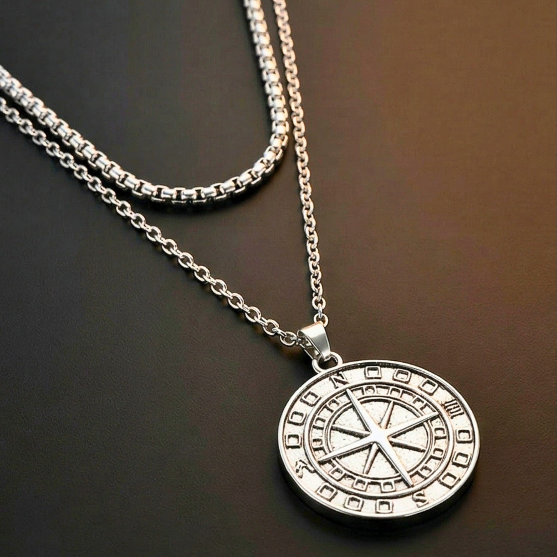THE MEN THING SS Pendant/ Necklace COIN COMPASS - 25mm Titanium Steel Pendant with 20 to 22inch Adjustable 4mm Chain for Men & Boys