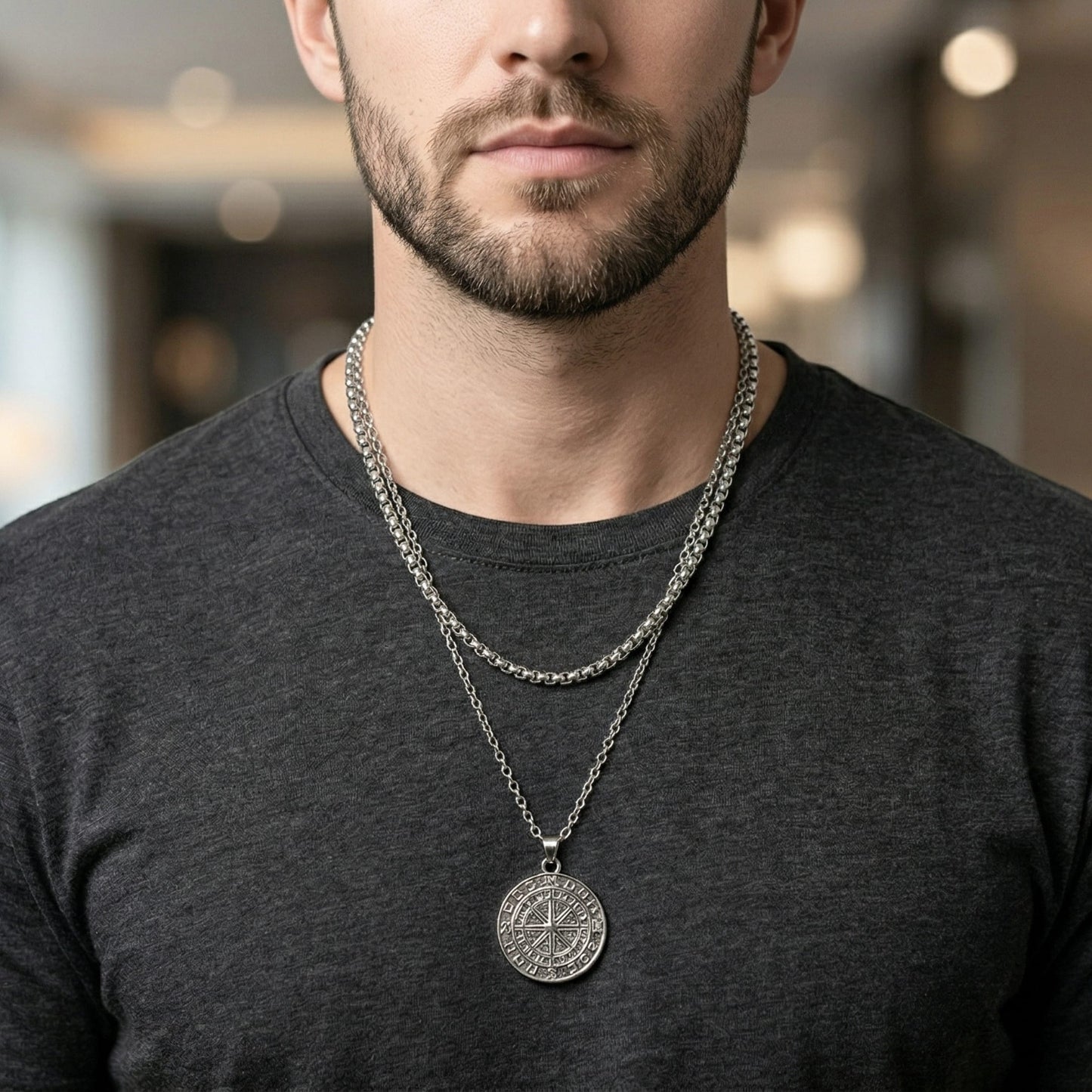 THE MEN THING SS Pendant/ Necklace COIN COMPASS - 25mm Titanium Steel Pendant with 20 to 22inch Adjustable 4mm Chain for Men & Boys