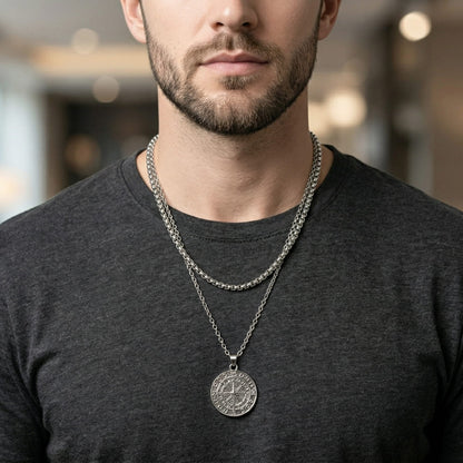 THE MEN THING SS Pendant/ Necklace COIN COMPASS - 25mm Titanium Steel Pendant with 20 to 22inch Adjustable 4mm Chain for Men & Boys