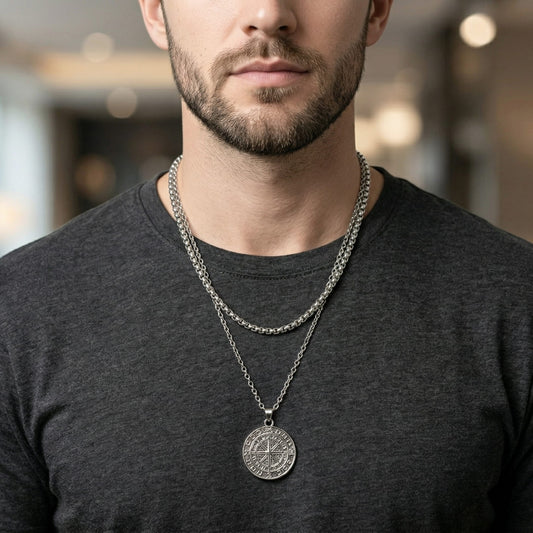 THE MEN THING SS Pendant/ Necklace COIN COMPASS - 25mm Titanium Steel Pendant with 20 to 22inch Adjustable 4mm Chain for Men & Boys