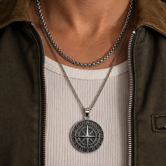THE MEN THING SS Pendant/ Necklace COIN COMPASS - 25mm Titanium Steel Pendant with 20 to 22inch Adjustable 4mm Chain for Men & Boys