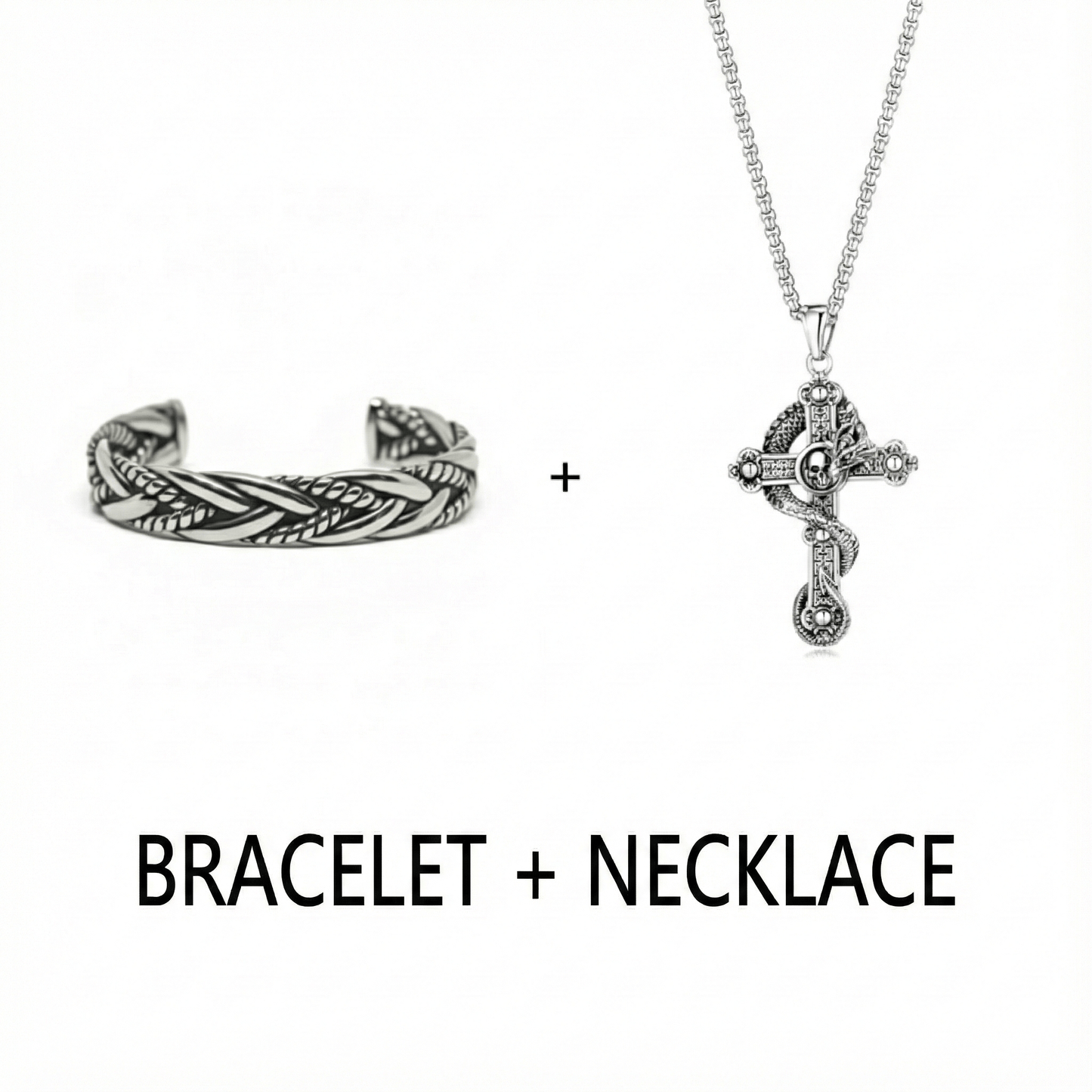 THE MEN THING SS Pendant/ Necklace Combo Cobra Cross Pendant × Twisted Texture Bangle Bracelet| Bold Style Set for Men