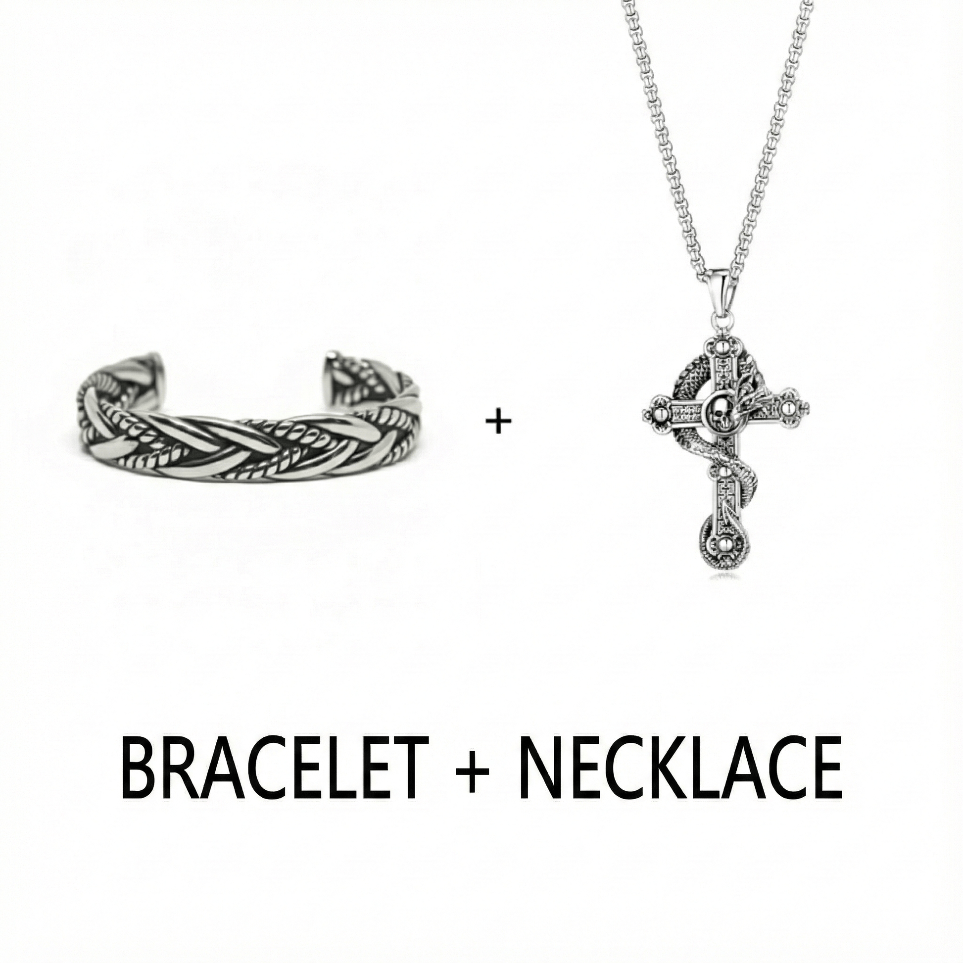 THE MEN THING SS Pendant/ Necklace Combo Cobra Cross Pendant × Twisted Texture Bangle Bracelet| Bold Style Set for Men