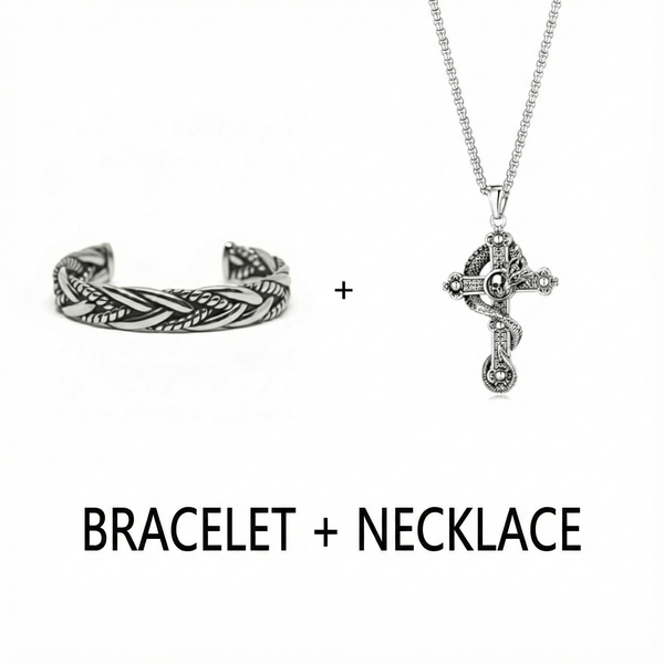 Combo Cobra Cross Pendant × Twisted Texture Bangle Bracelet| Bold Style Set for Men