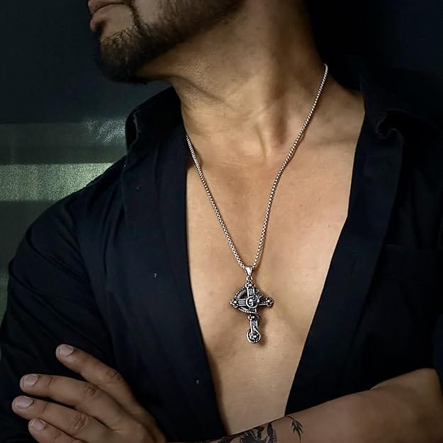 THE MEN THING SS Pendant/ Necklace Combo Cobra Cross Pendant × Twisted Texture Bangle Bracelet| Bold Style Set for Men