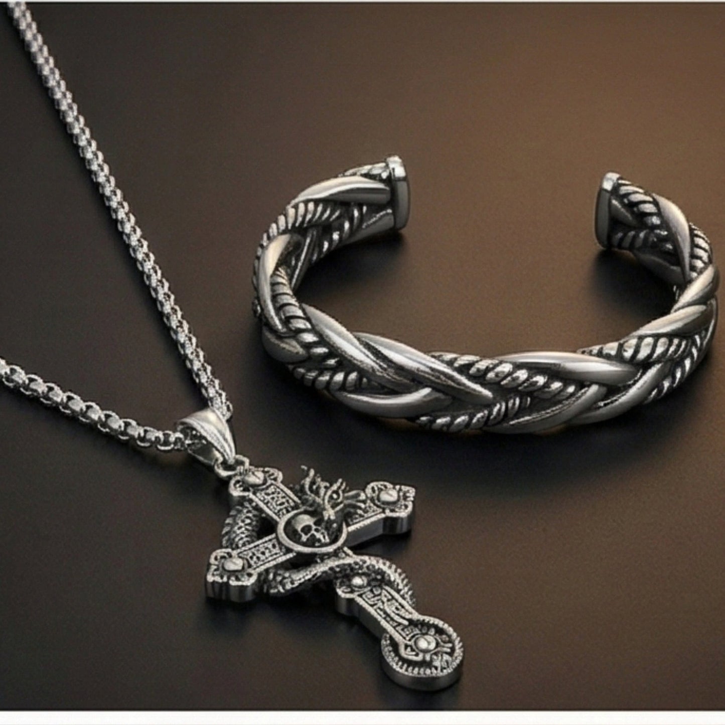 THE MEN THING SS Pendant/ Necklace Combo Cobra Cross Pendant × Twisted Texture Bangle Bracelet| Bold Style Set for Men