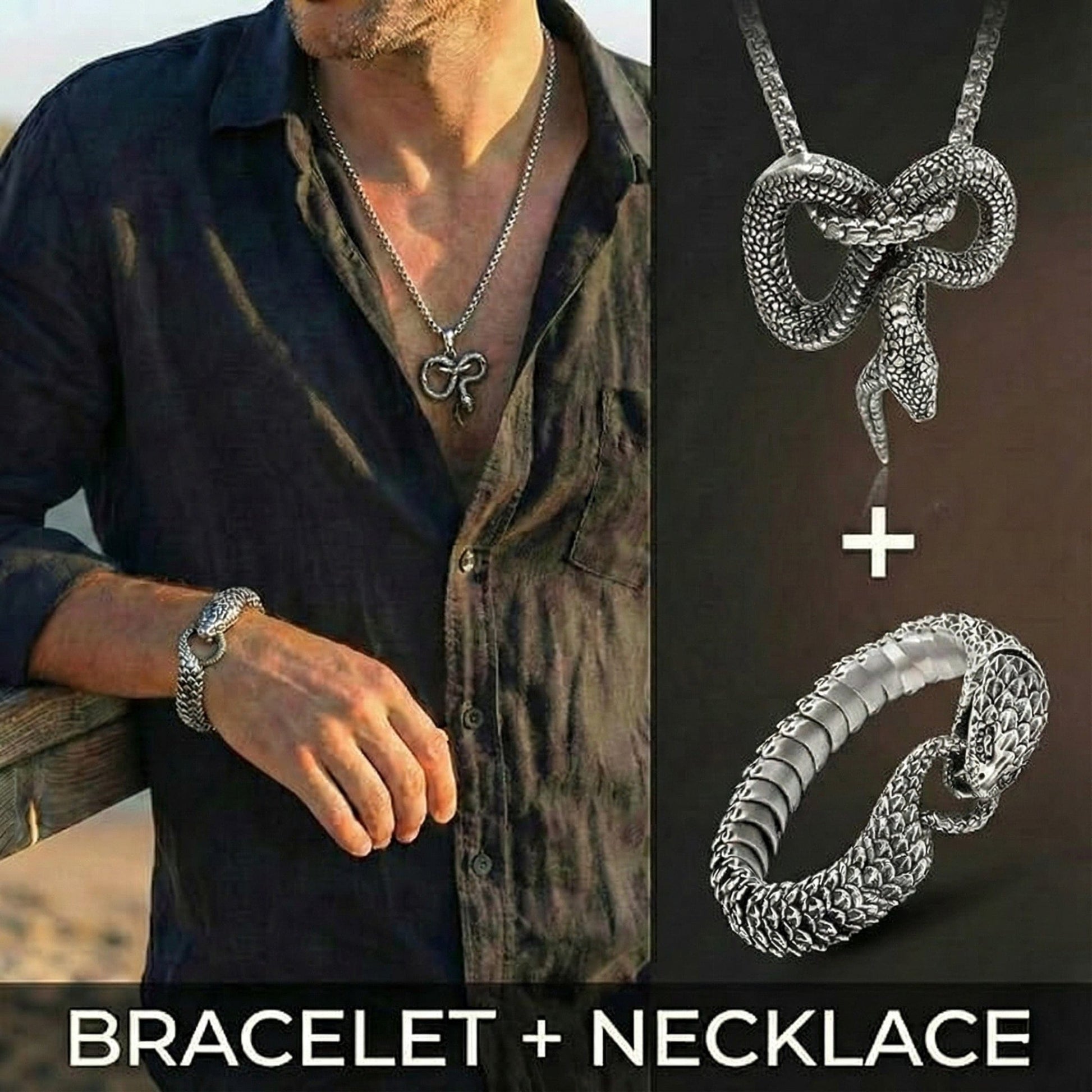THE MEN THING SS Pendant/ Necklace COMBO — Furious Infinity Snake Pendant + Serpent Titanium Steel Bracelet