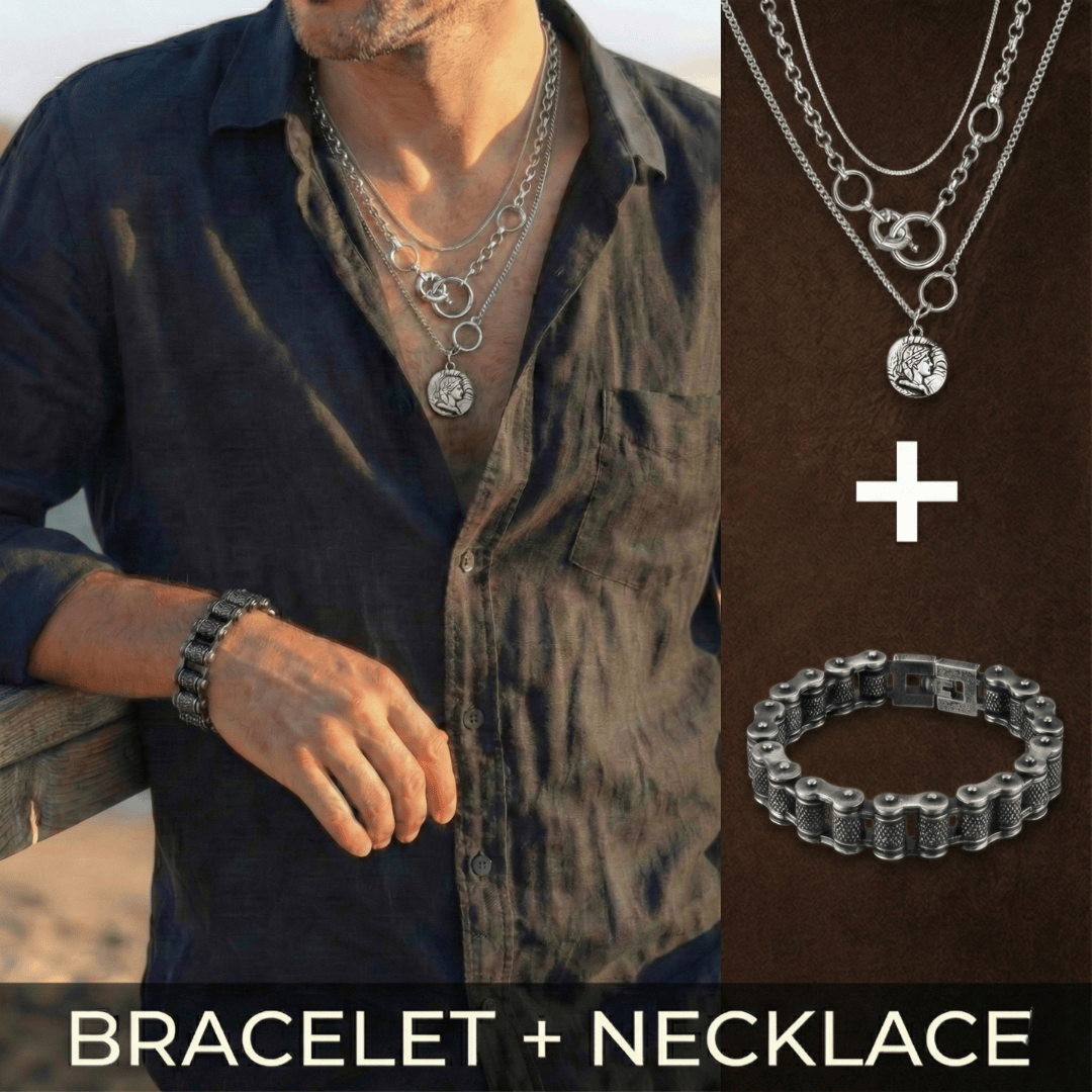 THE MEN THING SS Pendant/ Necklace Combo — Knight Mark European Chain × Biker Chain Bracelet | Premium Steel Style Duo
