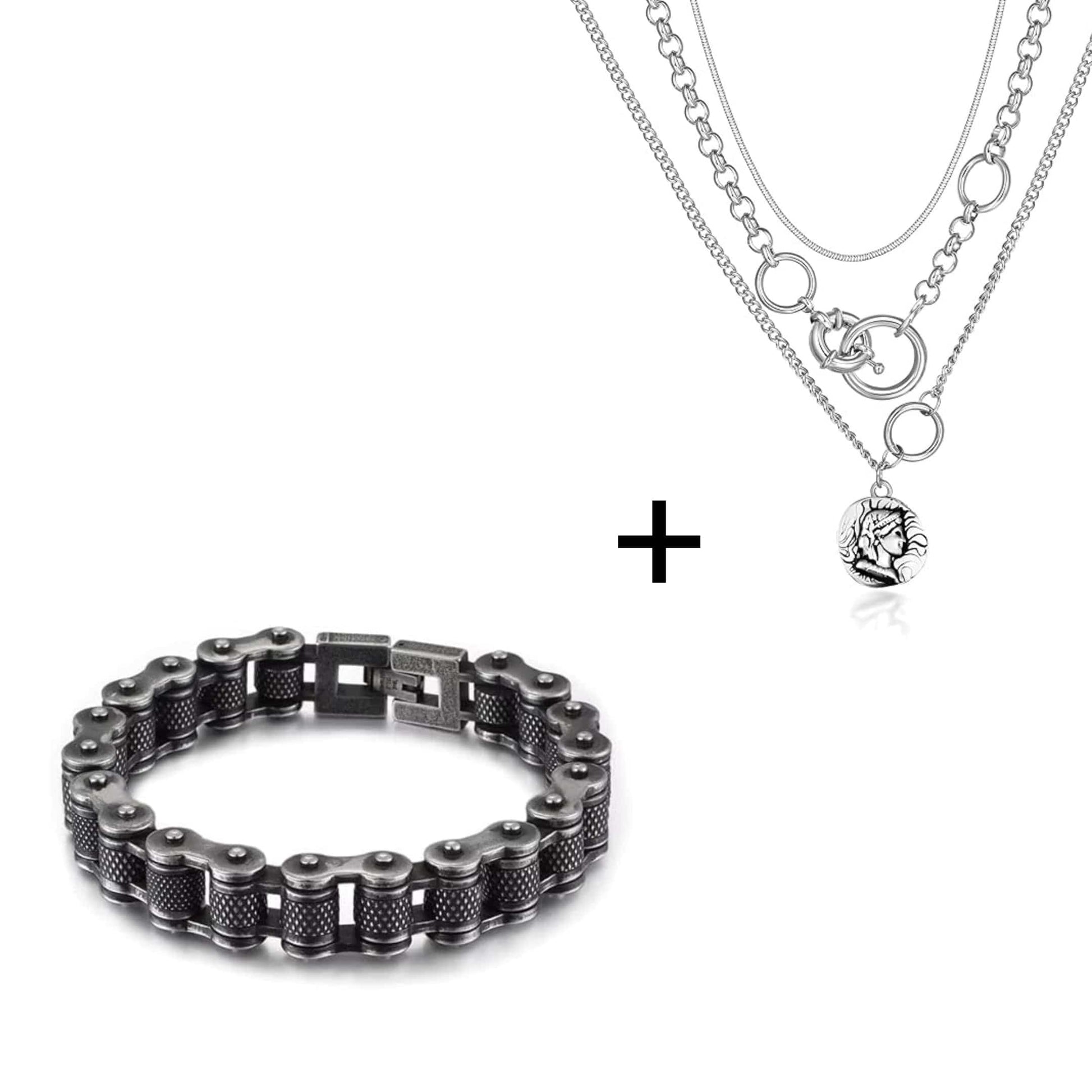 THE MEN THING SS Pendant/ Necklace Combo — Knight Mark European Chain × Biker Chain Bracelet | Premium Steel Style Duo
