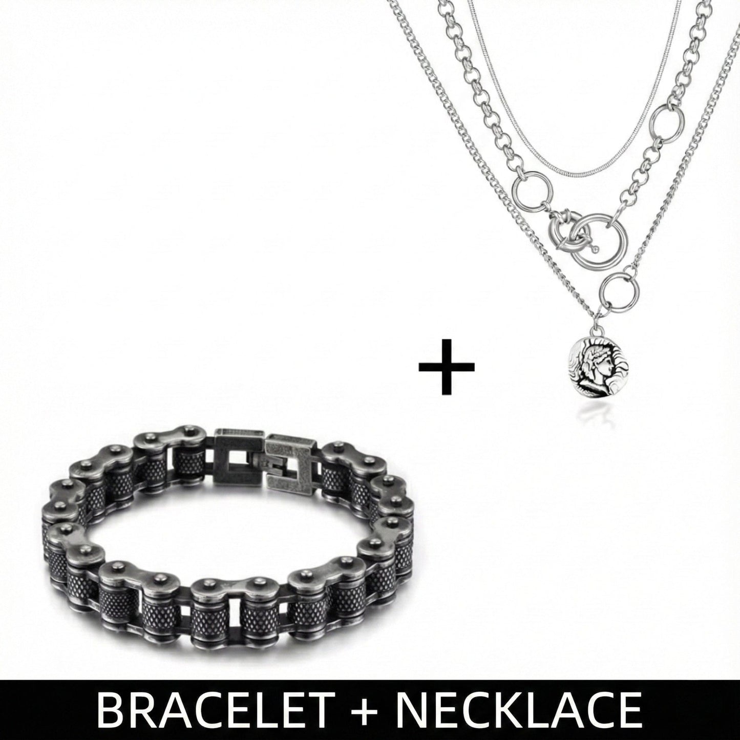 THE MEN THING SS Pendant/ Necklace Combo — Knight Mark European Chain × Biker Chain Bracelet | Premium Steel Style Duo