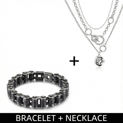 THE MEN THING SS Pendant/ Necklace Combo — Knight Mark European Chain × Biker Chain Bracelet | Premium Steel Style Duo