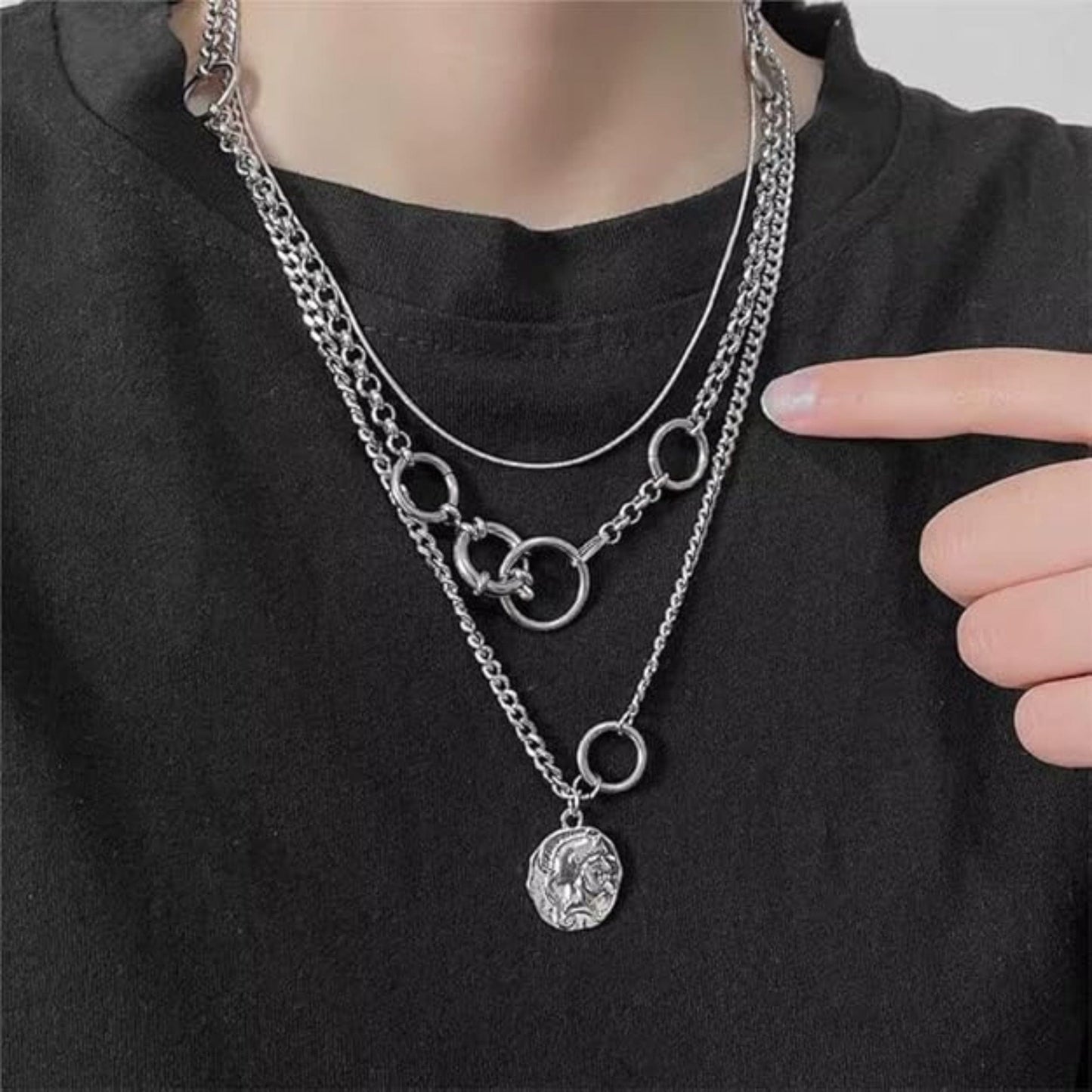 THE MEN THING SS Pendant/ Necklace Combo — Knight Mark European Chain × Biker Chain Bracelet | Premium Steel Style Duo
