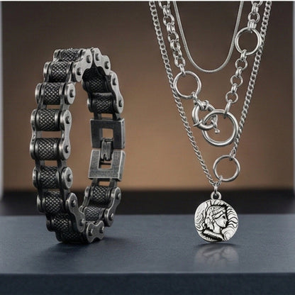 THE MEN THING SS Pendant/ Necklace Combo — Knight Mark European Chain × Biker Chain Bracelet | Premium Steel Style Duo