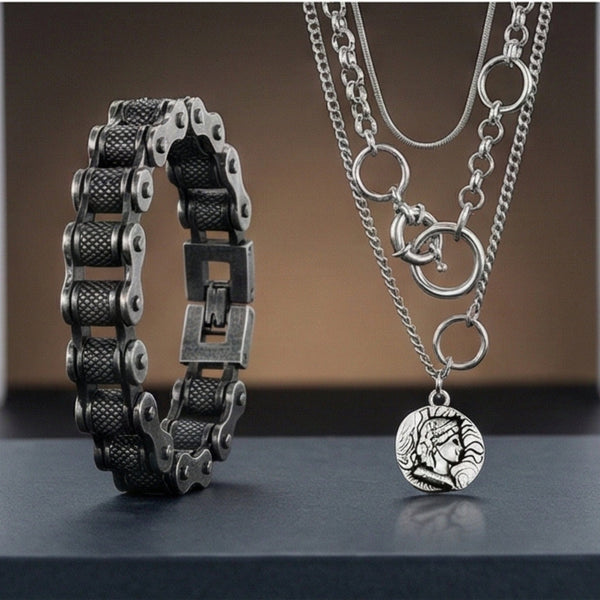 Combo — Knight Mark European Chain × Biker Chain Bracelet | Premium Steel Style Duo