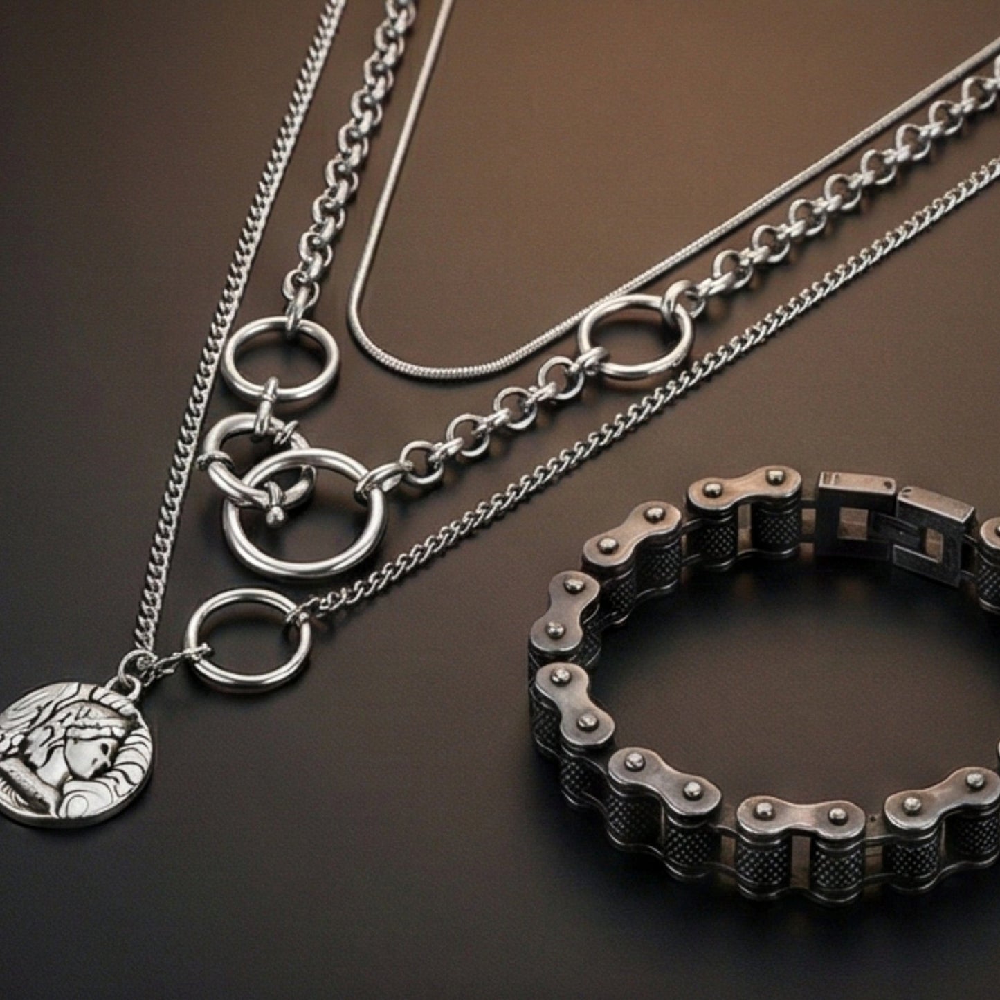 THE MEN THING SS Pendant/ Necklace Combo — Knight Mark European Chain × Biker Chain Bracelet | Premium Steel Style Duo