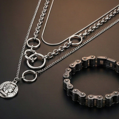 THE MEN THING SS Pendant/ Necklace Combo — Knight Mark European Chain × Biker Chain Bracelet | Premium Steel Style Duo