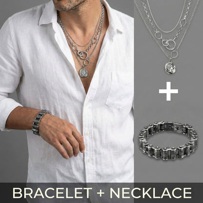 THE MEN THING SS Pendant/ Necklace Combo — Knight Mark European Chain × Biker Chain Bracelet | Premium Steel Style Duo