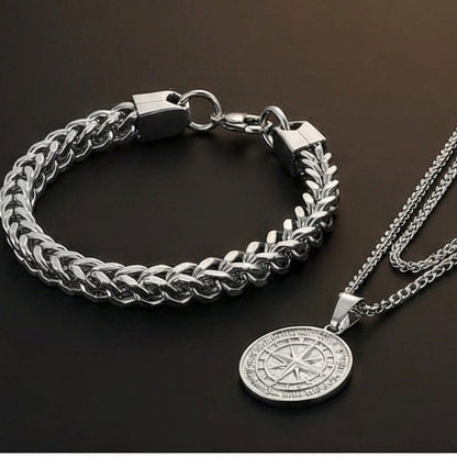 THE MEN THING SS Pendant/ Necklace COMBO North Star Chain & Twin-Layer Steel Bracelet – Bold Stainless Steel Style Set for Men