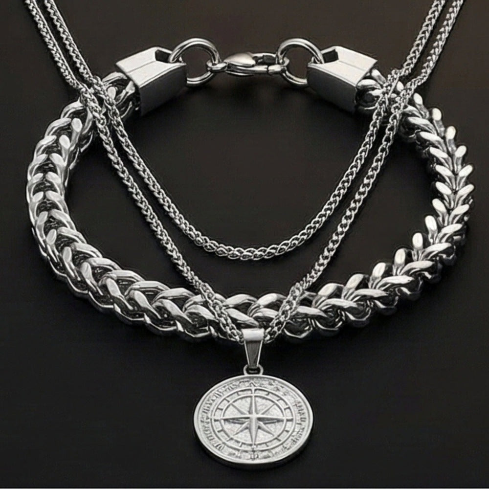 THE MEN THING SS Pendant/ Necklace COMBO North Star Chain & Twin-Layer Steel Bracelet – Bold Stainless Steel Style Set for Men