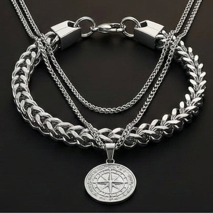 THE MEN THING SS Pendant/ Necklace COMBO North Star Chain & Twin-Layer Steel Bracelet – Bold Stainless Steel Style Set for Men