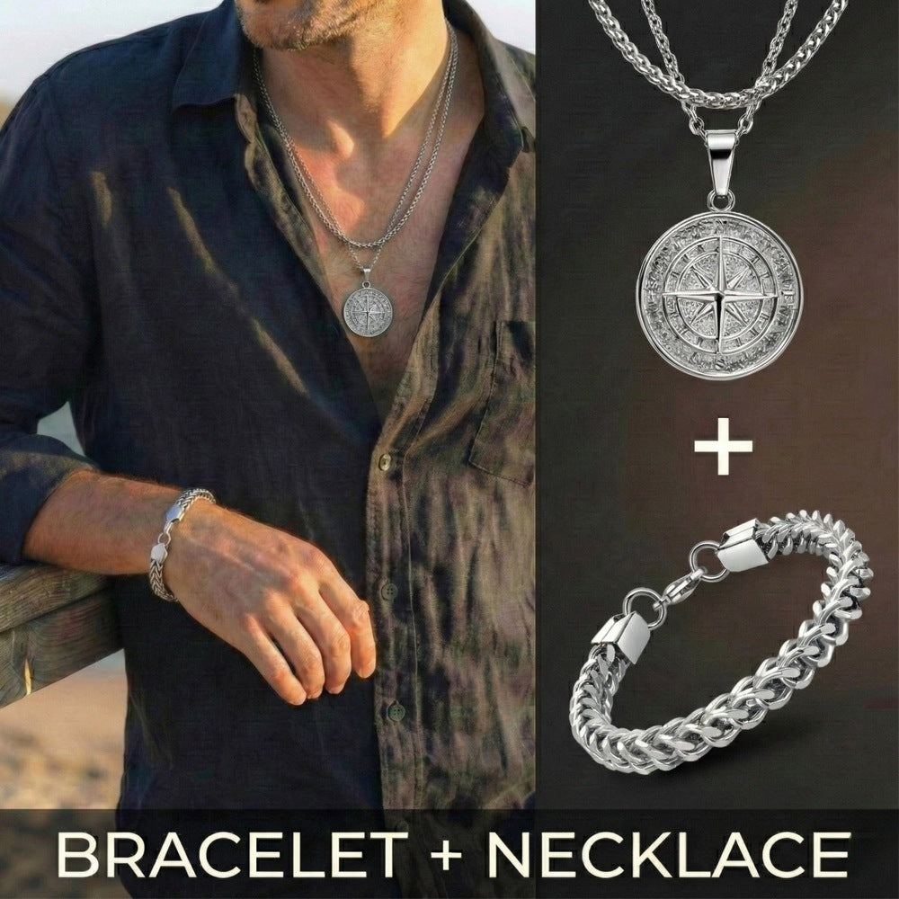THE MEN THING SS Pendant/ Necklace COMBO North Star Chain & Twin-Layer Steel Bracelet – Bold Stainless Steel Style Set for Men