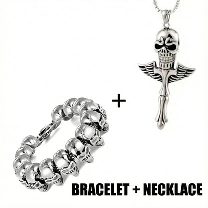THE MEN THING SS Pendant/ Necklace COMBO — Skull King Pendant × Ghost Head Bracelet | Heavy Titanium Steel Style Set