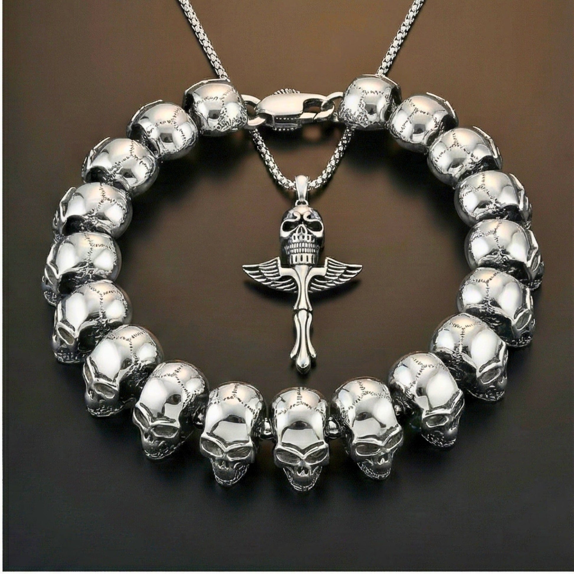 THE MEN THING SS Pendant/ Necklace COMBO — Skull King Pendant × Ghost Head Bracelet | Heavy Titanium Steel Style Set