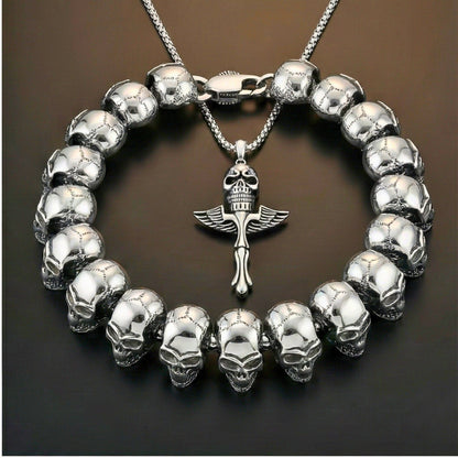 THE MEN THING SS Pendant/ Necklace COMBO — Skull King Pendant × Ghost Head Bracelet | Heavy Titanium Steel Style Set