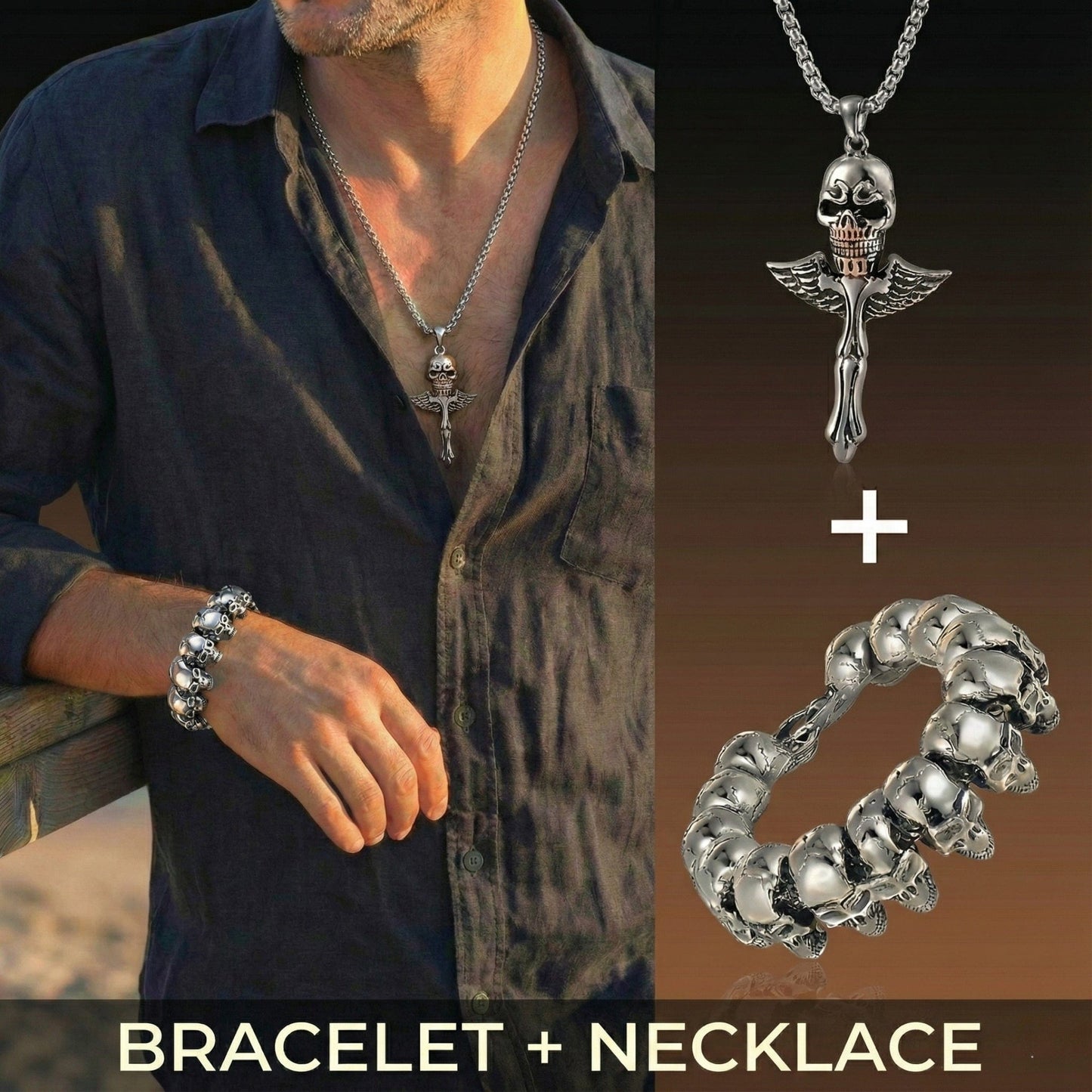 THE MEN THING SS Pendant/ Necklace COMBO — Skull King Pendant × Ghost Head Bracelet | Heavy Titanium Steel Style Set