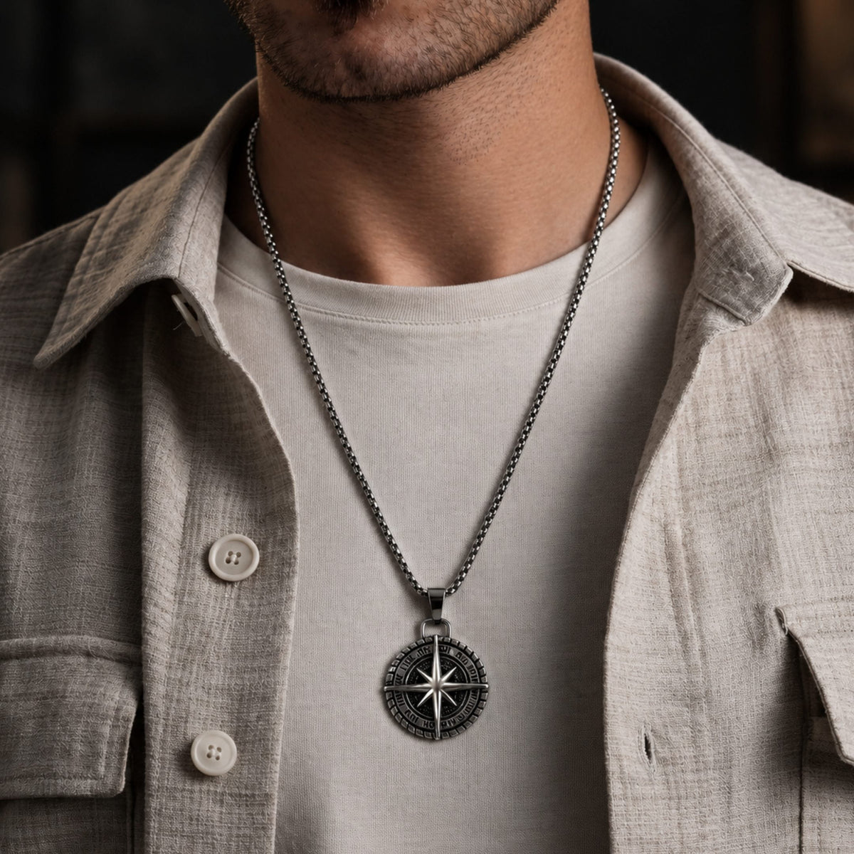 THE MEN THING SS Pendant/ Necklace COMPASS LUCK -  Alloy Pendant with Pure Stainless Steel 24inch Round Box Chain, American trending Style for Men & Boy