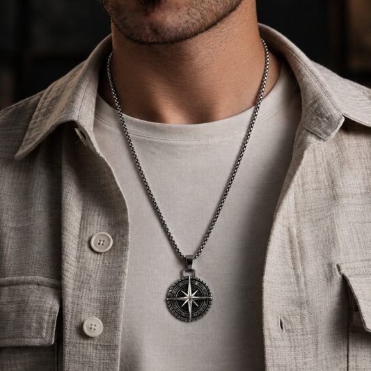 THE MEN THING SS Pendant/ Necklace COMPASS LUCK -  Alloy Pendant with Pure Stainless Steel 24inch Round Box Chain, American trending Style for Men & Boy