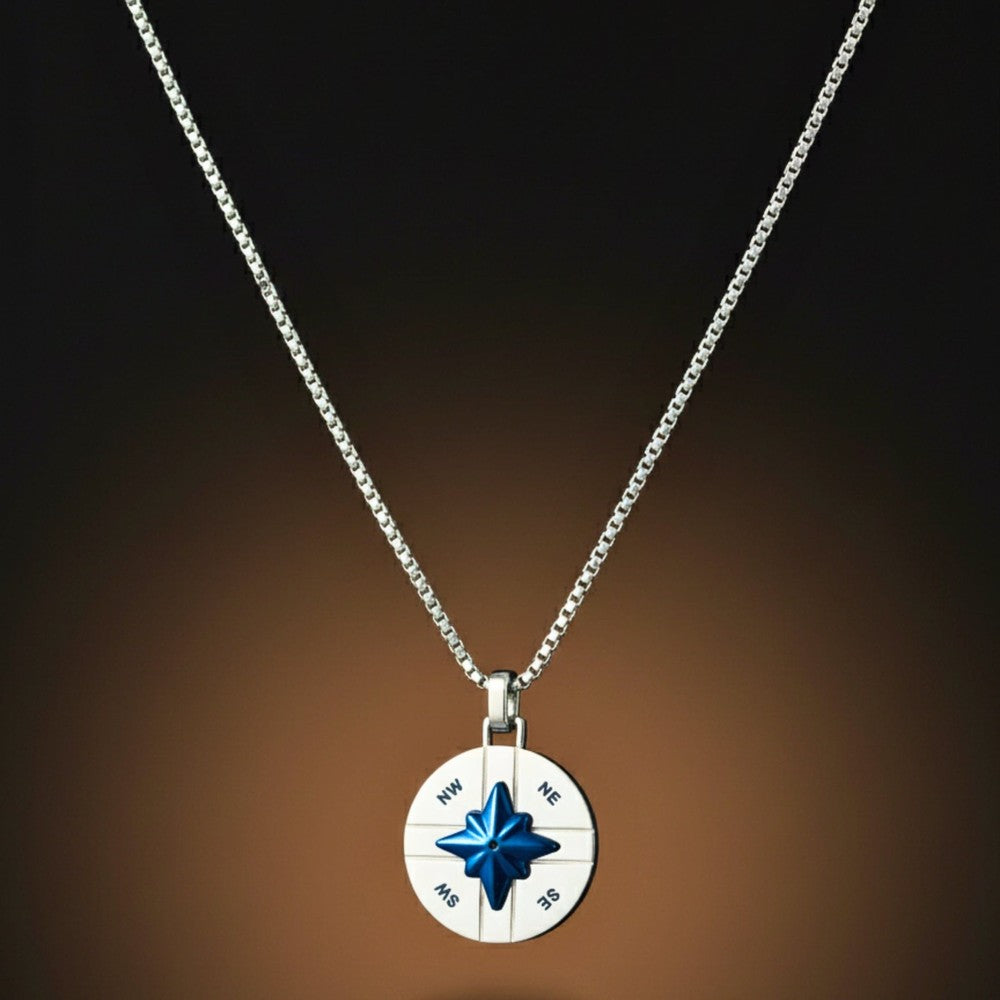 THE MEN THING SS Pendant/ Necklace COMPASS STAR - 25mm Titanium Steel Pendant with 20inch Round Box 4 mm Chain for Men & Boys