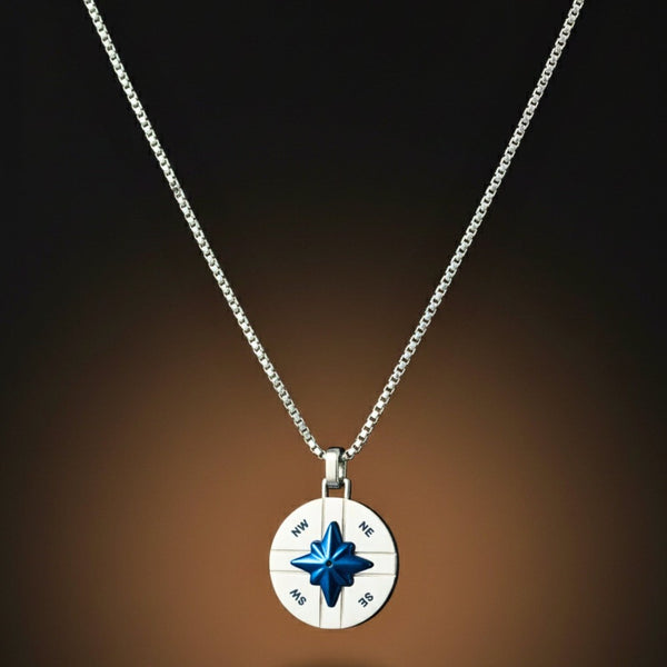 COMPASS STAR - 25mm Titanium Steel Pendant with 20inch Round Box 4 mm Chain for Men & Boys