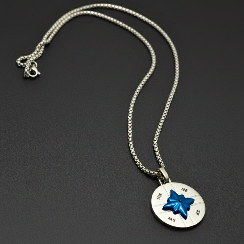 THE MEN THING SS Pendant/ Necklace COMPASS STAR - 25mm Titanium Steel Pendant with 20inch Round Box 4 mm Chain for Men & Boys