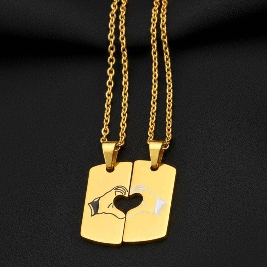 THE MEN THING SS Pendant/ Necklace CONNECTED HEARTS - Golden - Pure Titanium Steel Bar Pendant with 24inch Cuban Chain for Men & Boys