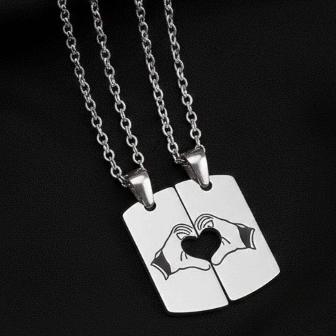 THE MEN THING SS Pendant/ Necklace CONNECTED HEARTS - Steel - Pure Titanium Steel Bar Pendant with 24inch Cuban Chain for Men & Boys